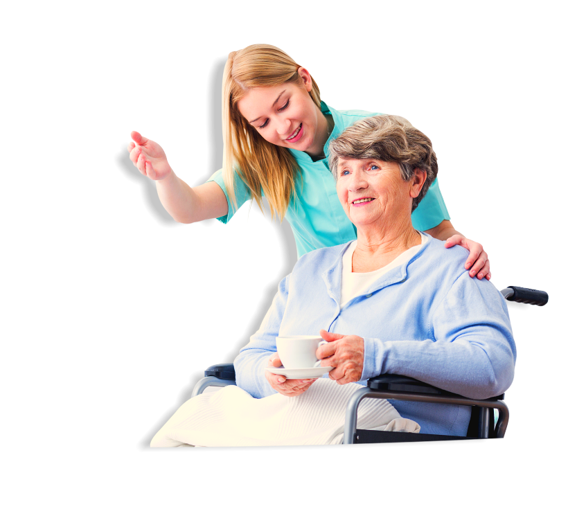 caregiver and old woman sitting on a wheelchair